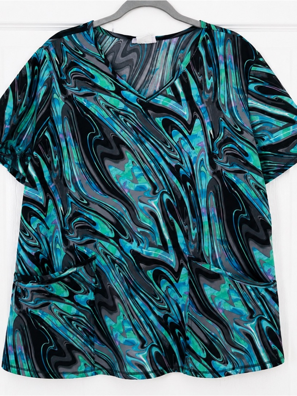 Scrubstar Women’s L Teal Black Marble Print Stretch V-Neck Scrub Top